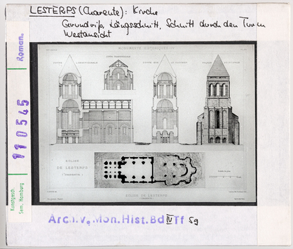 Vorschaubild Lesterps: Abteikirche, Grundriss, Längsschnitt, Schnitt durch Turm, Westansicht 